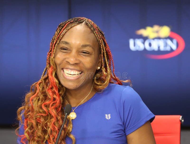 NEW YORK - AUGUST 30, 2016: Grand Slam champion Venus Williams of United States during press conference after her first round match at US Open 2016 at Billie Jean King National Tennis Center. NEW YORK - AUGUST 30, 2016: Grand Slam champion Venus Williams of United States during press conference after her first round match at US Open 2016 at Billie Jean King National Tennis Center