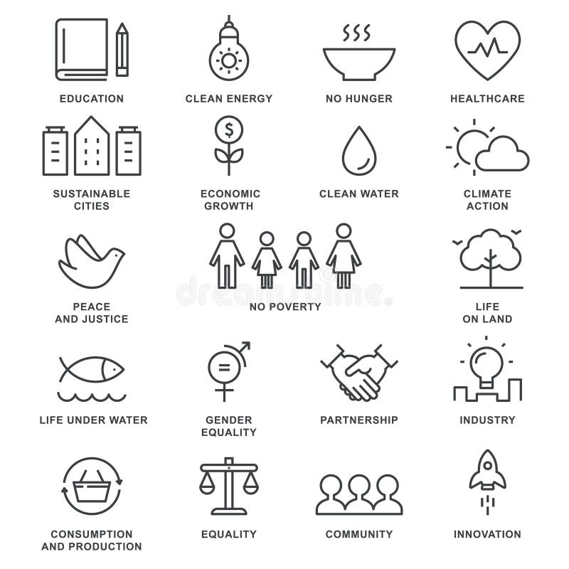 Mål och hållbar bosatt linje Art Vector Icons för hållbar utveckling för genomförandebegrepp vektor illustrationer Mål och hållbar bosatt linje Art Vector Icons för hållbar utveckling för genomförandebegrepp vektor illustrationer