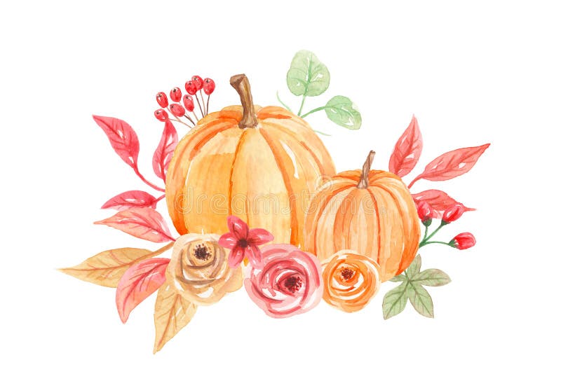 Målad nedgång Autumn Bouquet för vattenfärgpumpablommor hand vektor illustrationer