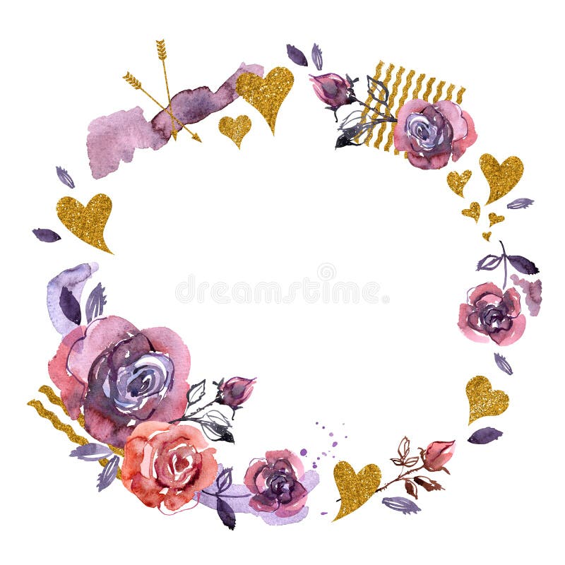 Målad ram för vattenfärg hand med purpurfärgade rosor och guld- hjärtor royaltyfri illustrationer Målad ram för vattenfärg hand med purpurfärgade rosor och guld- hjärtor royaltyfri illustrationer