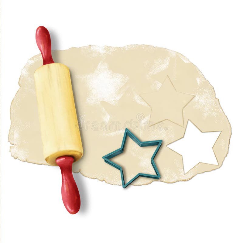 Painted baking background: dough, rolling pin, cookie cutters. Isolated. Painted baking background: dough, rolling pin, cookie cutters. Isolated