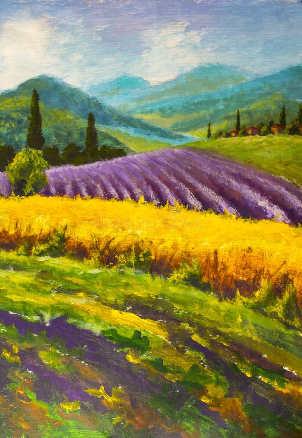 Målning för lavendellilafält Italiensk sommarbygd Franska Tuscany Fält av gul råg Lantliga hus och hög cypresstre arkivbild Målning för lavendellilafält Italiensk sommarbygd Franska Tuscany Fält av gul råg Lantliga hus och hög cypresstre arkivbild