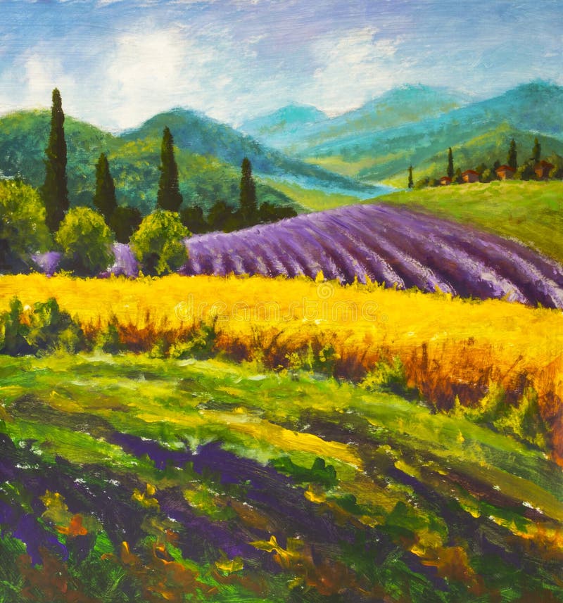 Målning för lavendellilafält Italiensk sommarbygd Franska Tuscany Fält av gul råg Lantliga hus och hög cypresstre arkivfoto Målning för lavendellilafält Italiensk sommarbygd Franska Tuscany Fält av gul råg Lantliga hus och hög cypresstre arkivfoto
