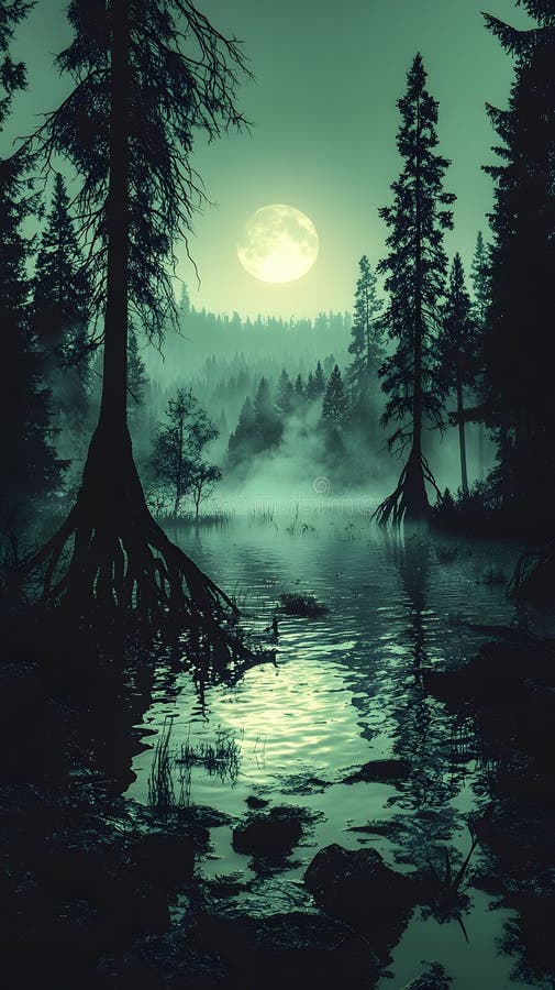Månbelysta skogar som reflekteras i en lugn sjö vektor illustrationer