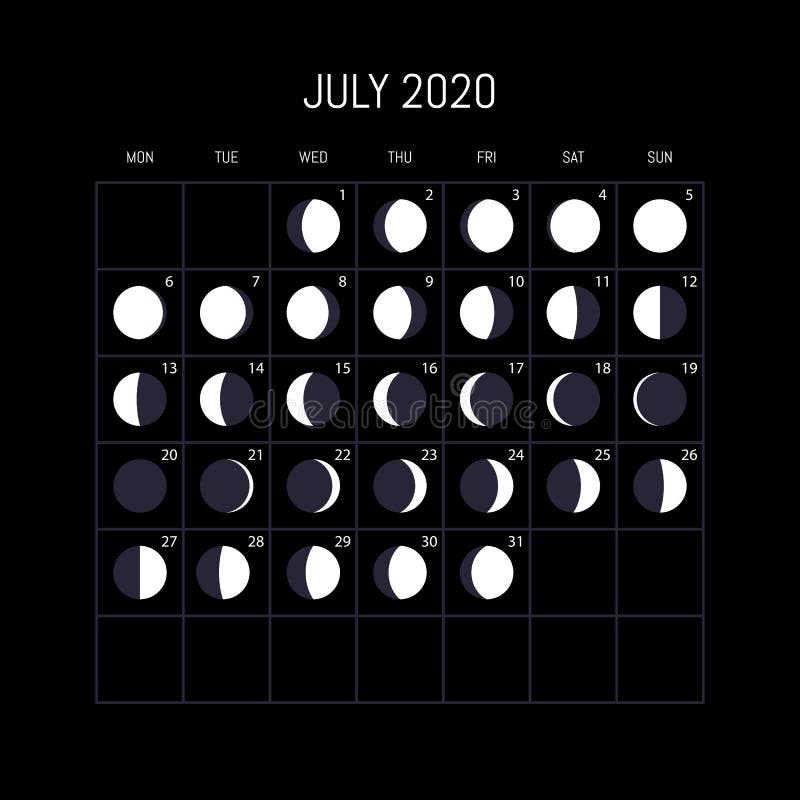 Månefaskalender för 2020 år juli Nattbakgrundsdesign ocks? vektor f?r coreldrawillustration stock illustrationer Månefaskalender för 2020 år juli Nattbakgrundsdesign ocks? vektor f?r coreldrawillustration stock illustrationer