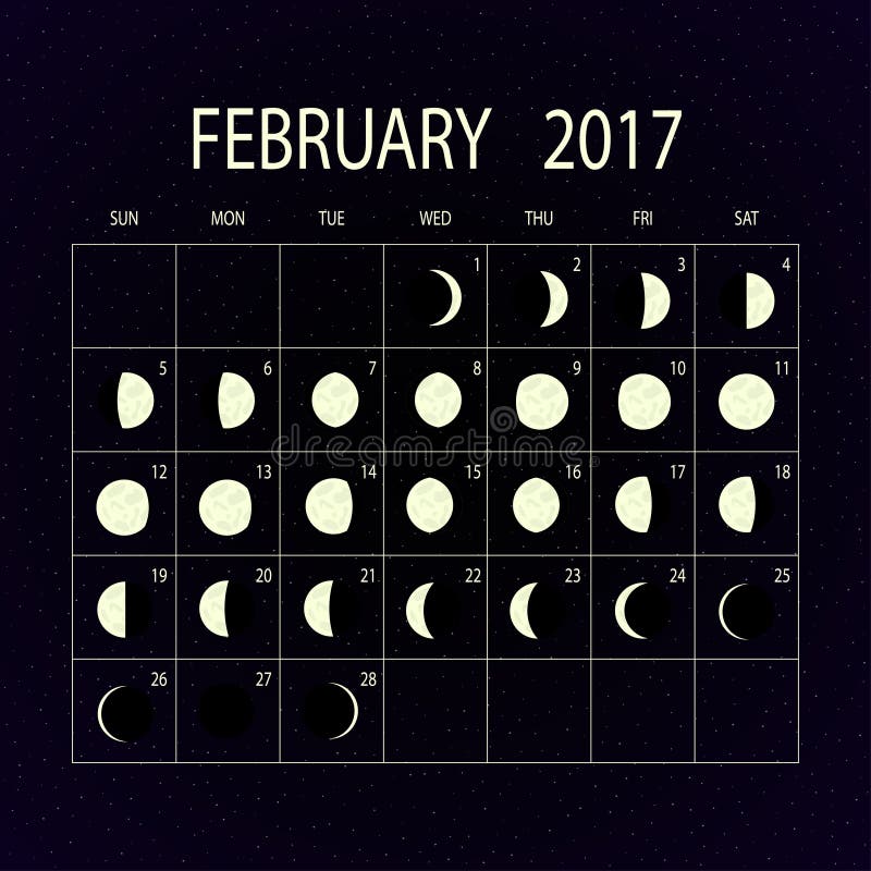 Månen synkroniserar kalendern för 2017 februari också vektor för coreldrawillustration stock illustrationer Månen synkroniserar kalendern för 2017 februari också vektor för coreldrawillustration stock illustrationer