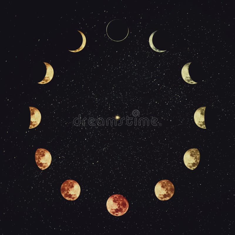 Månfas över stjärnhimlens bakgrund. astronomi och astrologscen. Soteriska trollformeltecken lunar