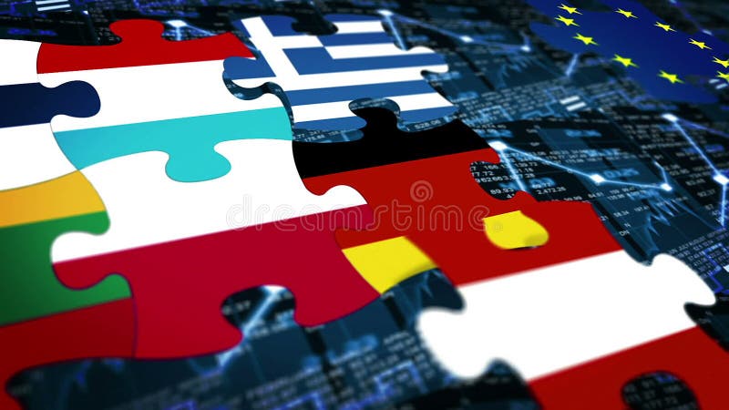 Många förbryllar den sammansättningsEuropa nationsflaggan på finansiell diagrambakgrund