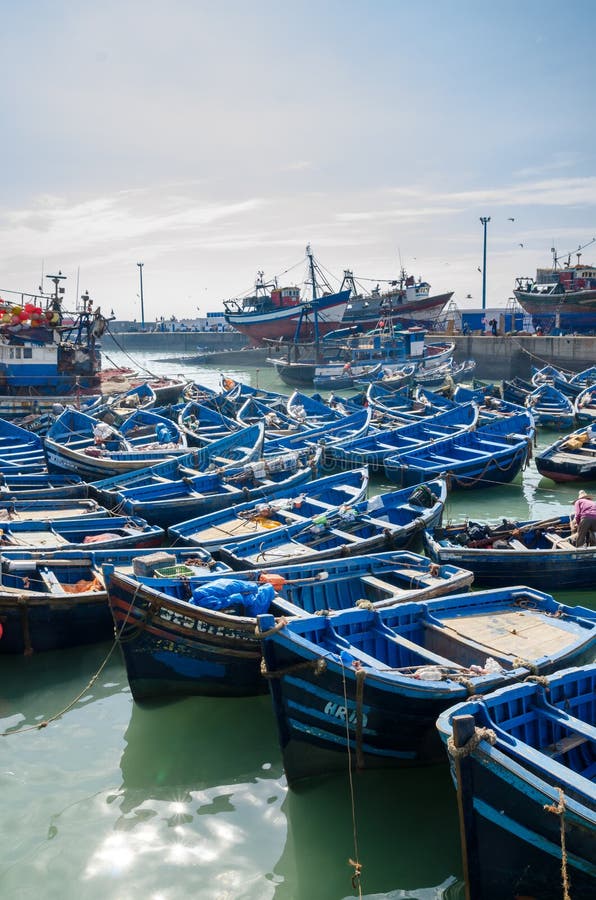 Många slösar träfiskebåtar som ankras i historisk port av den medeltida staden Essaouira, Marocko, Nordafrika royaltyfri fotografi Många slösar träfiskebåtar som ankras i historisk port av den medeltida staden Essaouira, Marocko, Nordafrika royaltyfri fotografi