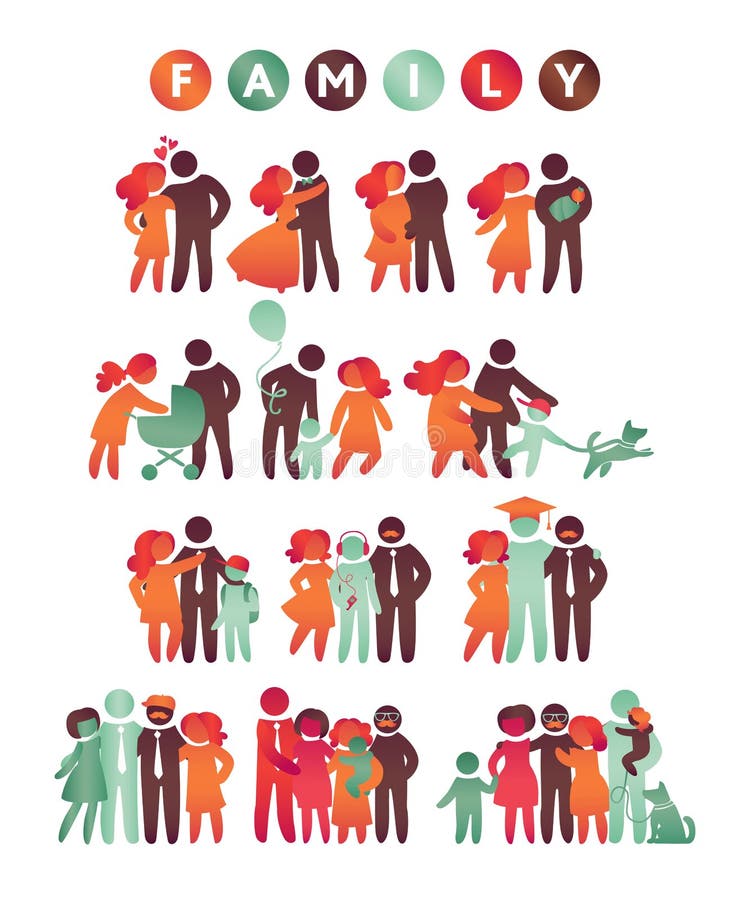 Mångfärgad uppsättning för lycklig familjsymbol i enkla diagram Barn, farsan och mamman står tillsammans Vektorn kan användas som vektor illustrationer Mångfärgad uppsättning för lycklig familjsymbol i enkla diagram Barn, farsan och mamman står tillsammans Vektorn kan användas som vektor illustrationer