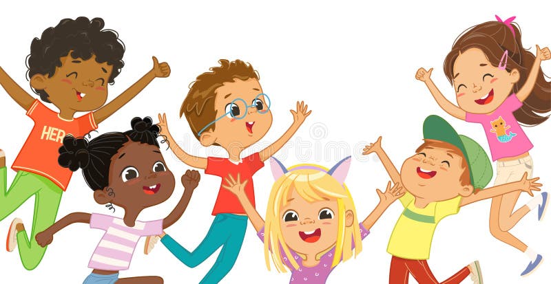 Multicultural boys and girls play together, happily jump and dance. Concept of fun and vibrant moments of childhood. Vector illustrations. Multicultural boys and girls play together, happily jump and dance. Concept of fun and vibrant moments of childhood. Vector illustrations