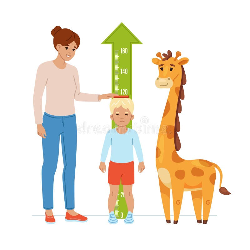 Mått på son-höjd. Mamma hjälper små barn att mäta höjdväggen med söta giraffmärken. royaltyfri illustrationer