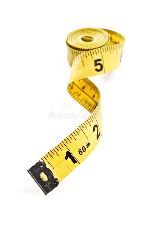 Yellow tape measure on rolled up on white background. Yellow tape measure on rolled up on white background