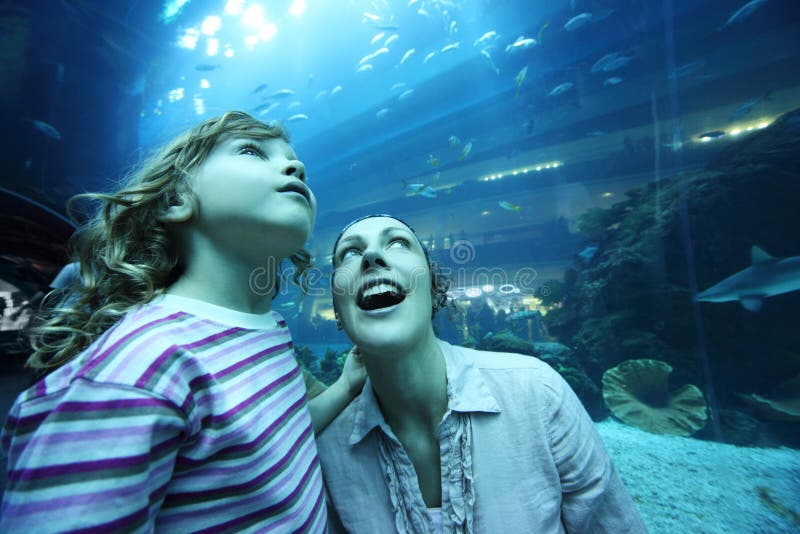 Mère et descendant dans le tunnel sous-marin d'aquarium