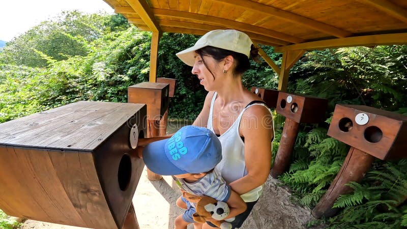 Mère et fils sentent un arbre dans un parc sensoriel pour profiter de la nature et des sens banque de vidéos