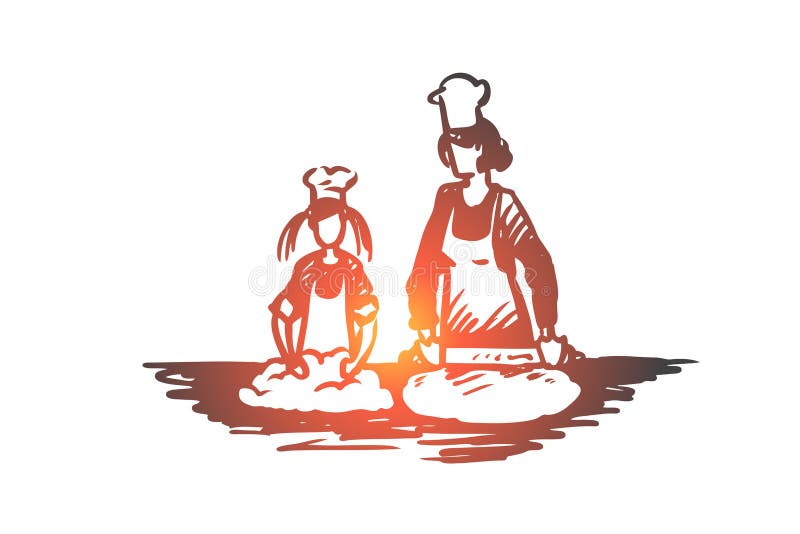 Mère, fille, faisant cuire, concept parenting Vecteur d'isolement tiré par la main illustration libre de droits Mère, fille, faisant cuire, concept parenting Vecteur d'isolement tiré par la main illustration libre de droits