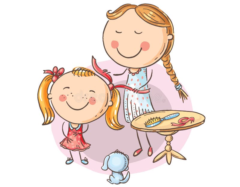 Mère heureuse de bande dessinée se peignant les cheveux du ` s de fille illustration de vecteur Mère heureuse de bande dessinée se peignant les cheveux du ` s de fille illustration de vecteur