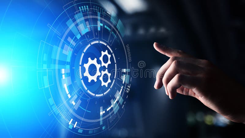 Mécanisme de vitesses sur l'écran virtuel. Flux de processus d'automation et d'affaires. Concept d'affaires et de la technologie. illustration de vecteur