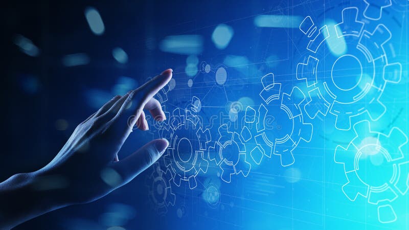 Mécanisme de vitesses sur l'écran virtuel Écoulement de processus d'automation et d'affaires Concept d'affaires et de technologie illustration libre de droits