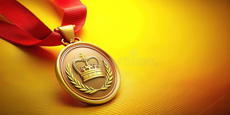 Médaille d'or avec couronne royale et symbole de ruban rouge du triomphe et de l'excellence sur un fond jaune vif. Une image frappante montrant une médaille d'or ornée d'un ruban rouge vif et d'une couronne royale dressée sur un fond jaune gras. Ce visuel captivant représente l'excellence et la réussite du triomphe. La médaille d'or brillant symbolise la victoire et une première place bien méritée. Le ruban rouge, symbole classique de la reconnaissance, apporte une touche de fantaisie festive. La couronne placée au-dessus
