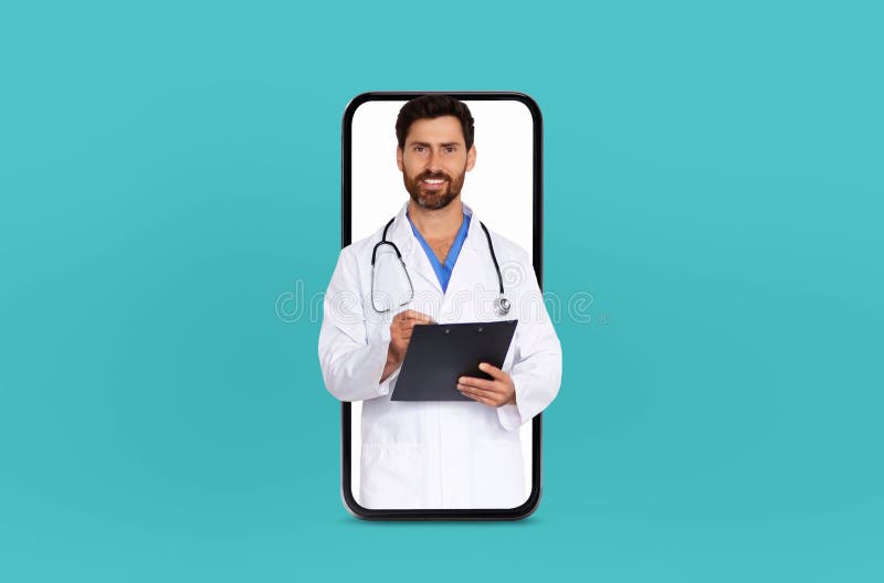 A mature doctor stands inside a smartphone&#x27;s blank screen, symbolizing a telemedicine consultation, in a modern clinic environment. A mature doctor stands inside a smartphone&#x27;s blank screen, symbolizing a telemedicine consultation, in a modern clinic environment