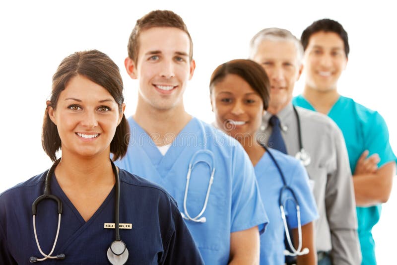 Multi-ethnic group of doctors, physicians, and nurses, both male and female. Isolated on a white background. Multi-ethnic group of doctors, physicians, and nurses, both male and female. Isolated on a white background.