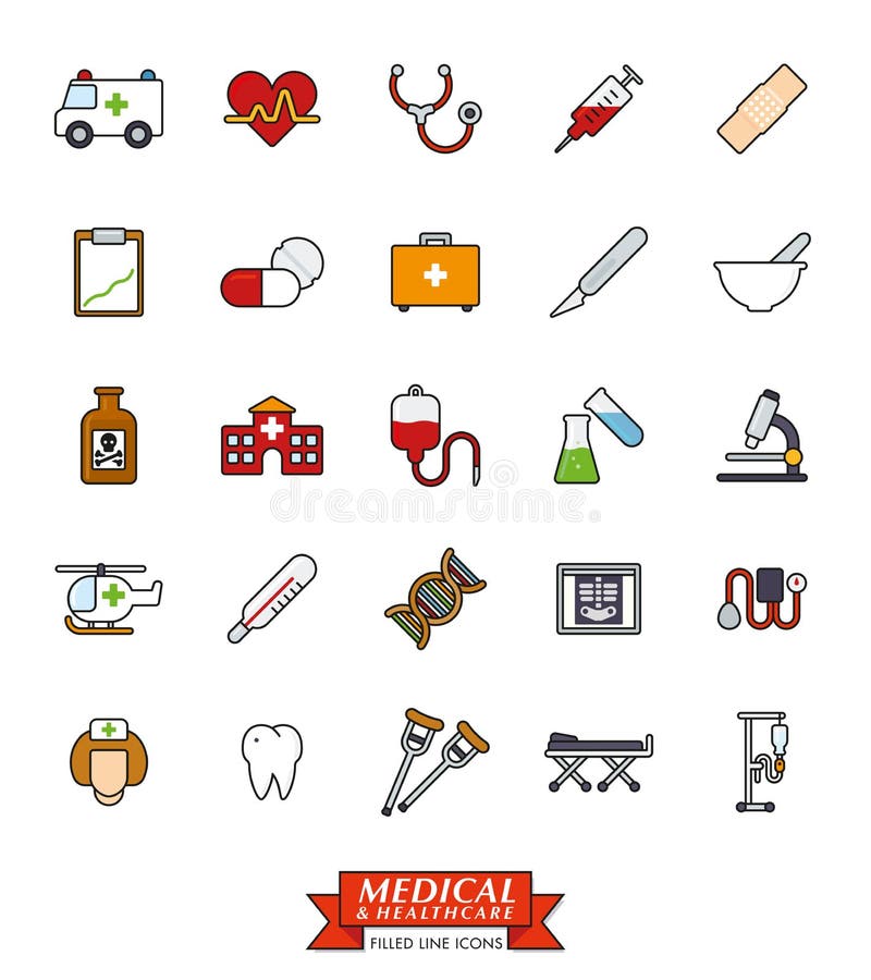 Médical et des soins de santé a rempli ligne ensemble d'icône illustration stock Médical et des soins de santé a rempli ligne ensemble d'icône illustration stock