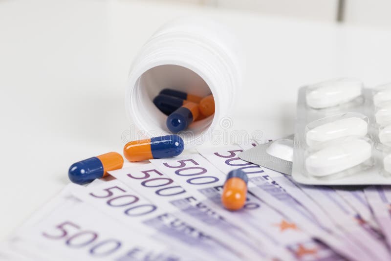 Médicaments Omeprazol, Metformin et 500 euro notes image stock Médicaments Omeprazol, Metformin et 500 euro notes image stock