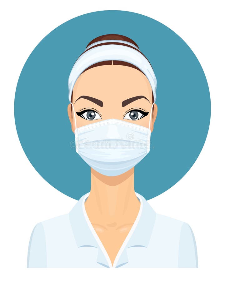 Medical Doctor Woman in Lab Coat with Surgical Face Mask. Virus Protection. Health Care Concept. Vector Illustration. Medical Doctor Woman in Lab Coat with Surgical Face Mask. Virus Protection. Health Care Concept. Vector Illustration