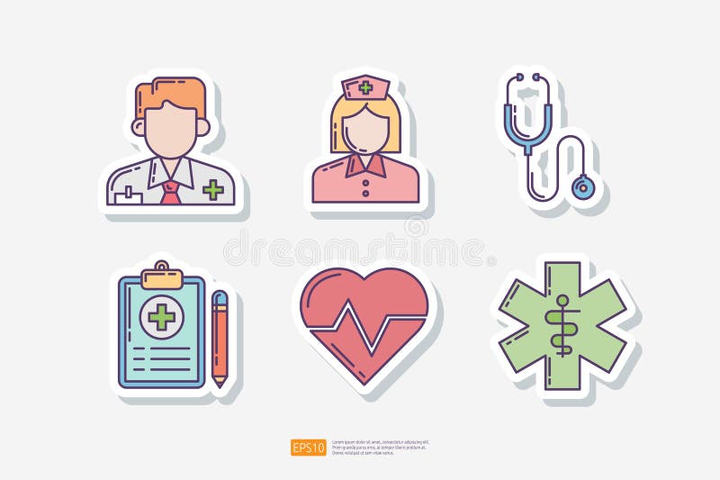 Médico o enfermera de medicina estetoscopio documento de antecedentes médicos latido cardíaco estrella de emergencia. icono de con ilustración del vector
