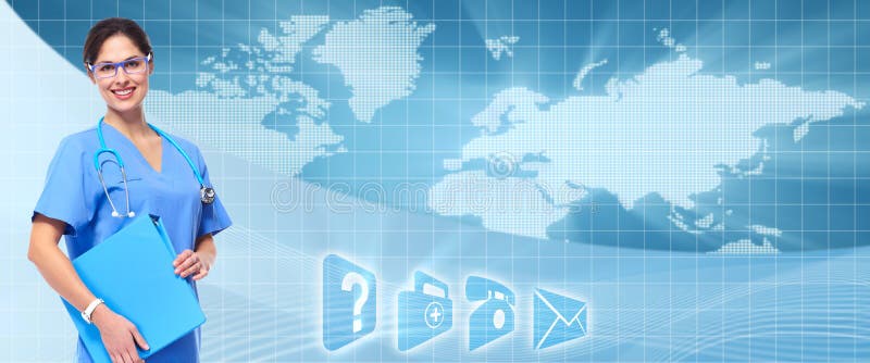 Médico sobre banner de cuidados de saúde imagens de stock royalty free