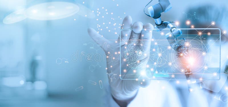 Médico y asistente médico análisis de robots y resultados de pruebas de ADN en la interfaz virtual moderna, la ciencia y la tecno