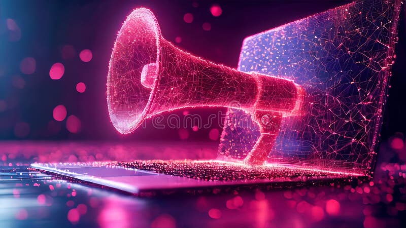 Mégaphone numérique abstrait émettant des données brillant en rose sur un ordinateur portable représentant le marketing numérique illustration libre de droits