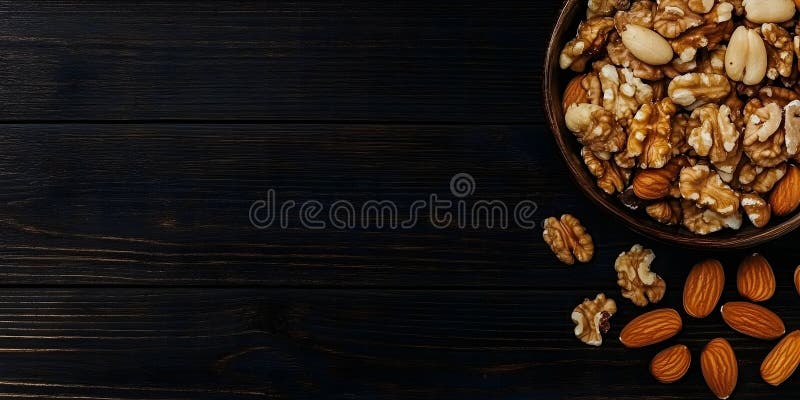 Mélange délicieux d'amandes et de pécans de noix sur fond de bois foncé illustration stock