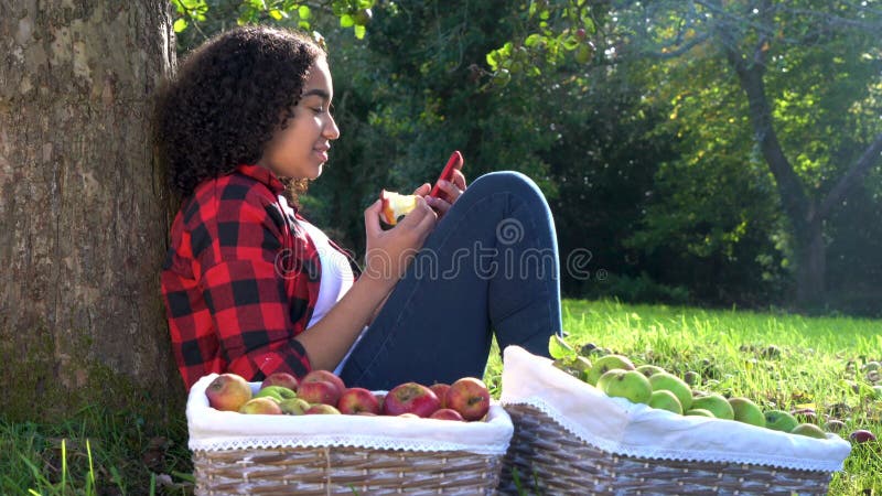 Métis adolescente afro-américaine s'appuyant contre un arbre dans un verger de manger une pomme en utilisant son téléphone intell banque de vidéos