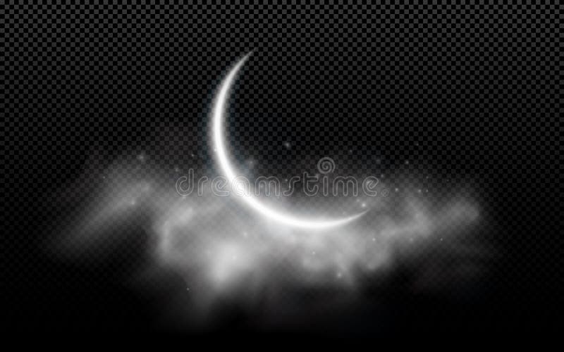 Mês de lua realístico com as nuvens isoladas em um fundo transparente Nuvem estrelado Noite escura Feriado muçulmano Ramadan Kare ilustração royalty free Mês de lua realístico com as nuvens isoladas em um fundo transparente Nuvem estrelado Noite escura Feriado muçulmano Ramadan Kare ilustração royalty free