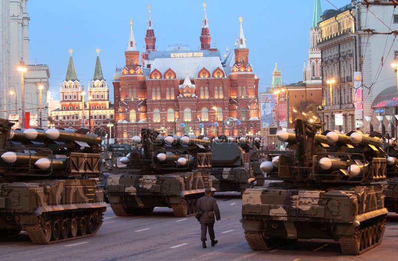 Russian army missiles on a mobile rocket launcher are seen outside Moscow's Kremlin during a rehearsal for the Victory Day military parade which will take place at Moscow's Red Square on May 9 to celebrate 65 years of the victory in the WWII, in Moscow. Russian army missiles on a mobile rocket launcher are seen outside Moscow's Kremlin during a rehearsal for the Victory Day military parade which will take place at Moscow's Red Square on May 9 to celebrate 65 years of the victory in the WWII, in Moscow