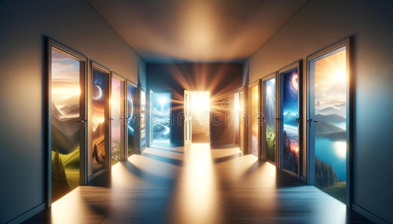Mögliche Portale : Türen zu verschiedenen Bereichen durch digitale Kunst lizenzfreie abbildung
