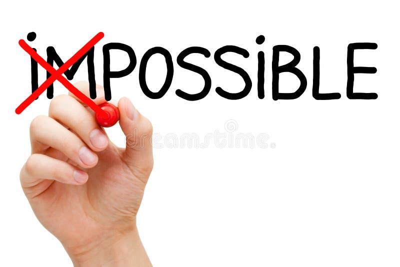 Hand turning the word Impossible into Possible with red marker isolated on white. Hand turning the word Impossible into Possible with red marker isolated on white.