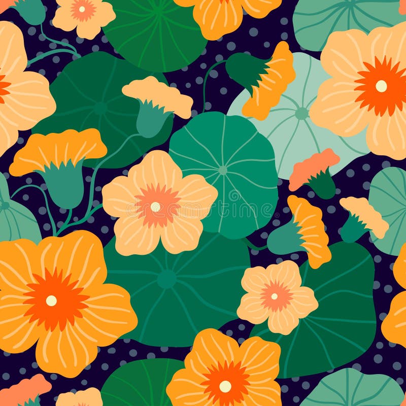 Mönster utan blommor med dekorativ orange blomma nasturtium och blad royaltyfri illustrationer