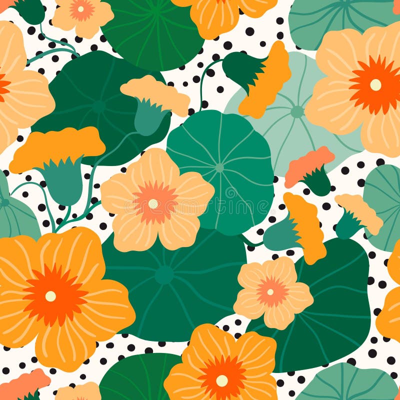 Mönster utan blommor med dekorativ orange blomma nasturtium och blad royaltyfri illustrationer