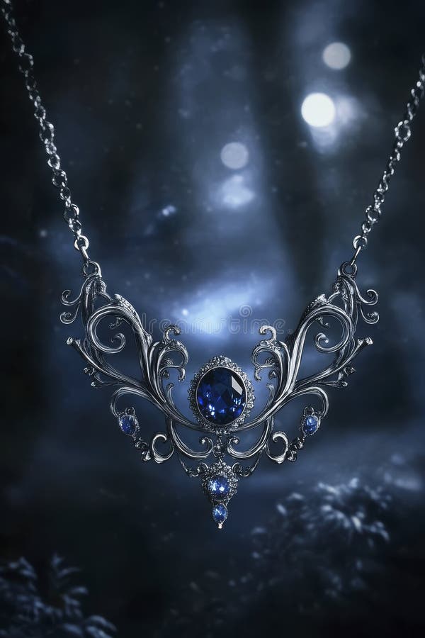Mörk Blue Gemstone Filigree Necklace i Moonlit Forest royaltyfri illustrationer