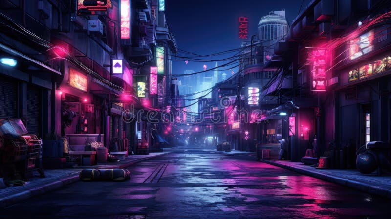 Mörk gata i cyberpunk stad i nattbyggnader med nyljus generativ ai. Stadslandskap i framtiden. begrepp för framtida metaversteknik cyber
