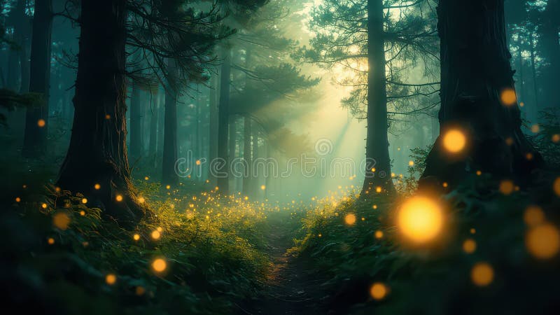 Mörk grön skogsbana med Glowing Orbs Fantasy Background royaltyfri illustrationer
