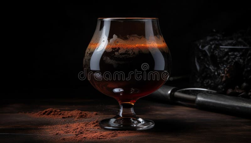 Mörk whiskey i glas på rustiskt bord, en lyxfri beredning som genererats av ai. Mörk whiskey i glas på rustiskt bord en lyxfri refröjd som genererats av artificiell intelligens