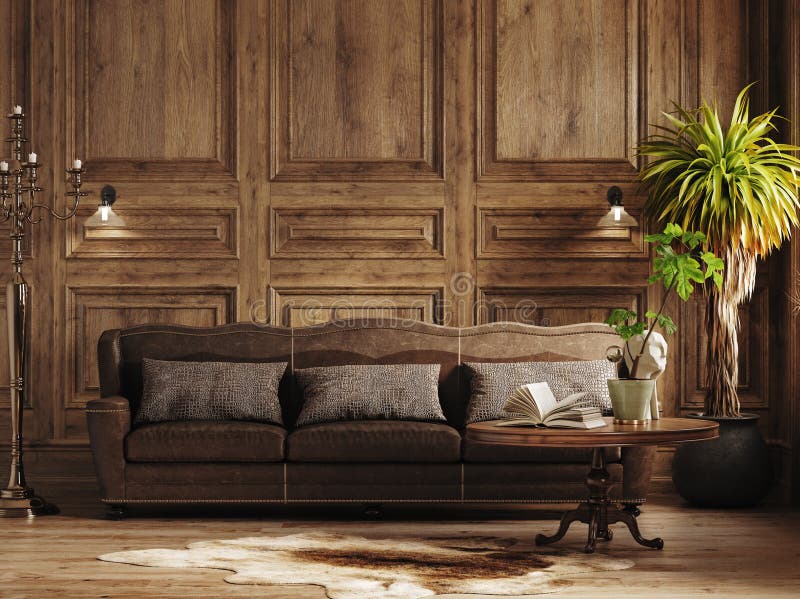 Mörka, genomskinliga invändiga med trävägg brun sofa och blommor stock illustrationer