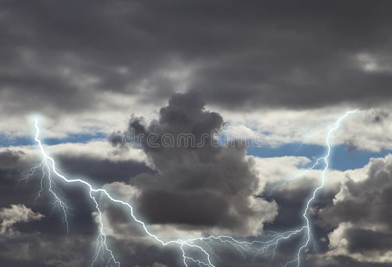 Gathering dark storm clouds with thunder and two bolts of lightning in the skies. Gathering dark storm clouds with thunder and two bolts of lightning in the skies