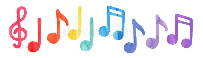 Música colorida nota símbolos de diferentes colores : rosa rojo naranja amarillo verde azul cian violeta púrpura. stock de ilustración