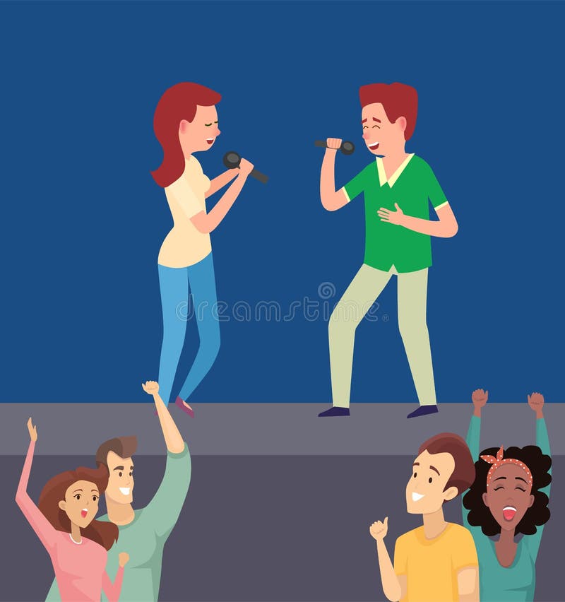 Música do canto do homem e da mulher na fase, vetor liso ilustração do vetor Música do canto do homem e da mulher na fase, vetor liso ilustração do vetor