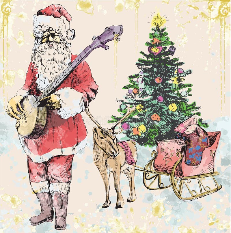 Santa Claus musician - he goes to play Christmas Carols on the Banjo. Editable in several layers. Number of colors in each layer: no more than sixteen. Santa Claus musician - he goes to play Christmas Carols on the Banjo. Editable in several layers. Number of colors in each layer: no more than sixteen.